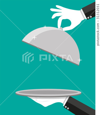 Hands of waiter holding empty silver cloche. Hands of waiter holding empty silver cloche. 31312031