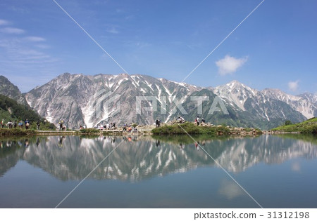 初夏的信州白馬的白馬池，登山登山者和背景希望能看到北阿爾卑斯山和白馬山壯麗的天狗山的壯麗景色 31312198