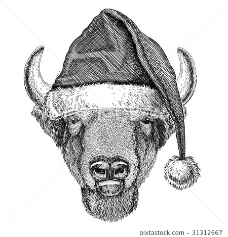 Buffalo, bison,ox, bull wearing christmas hat New 31312667