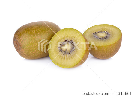 whole and half cut ripe yellow kiwi on white 31313661