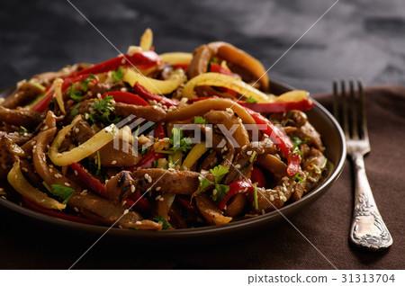 Asian style eggplant spicy salad on black backgrou Asian style eggplant spicy salad on black backgrou 31313704