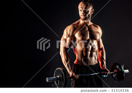 Hardy man doing exercise with heavy bar Hardy man doing exercise with heavy bar 31314336