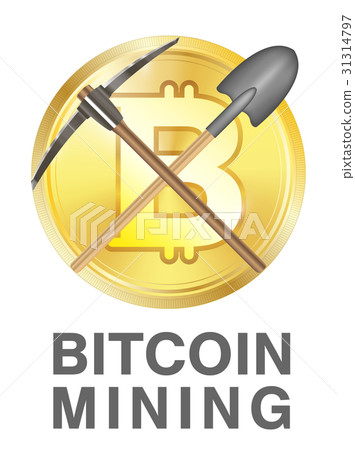 bitcoin mining logo with pickaxe and shovel on a g 31314797