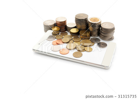 Mobile  technology and coins on white background 31315735