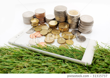 Mobile technology On grass and coins 31315737