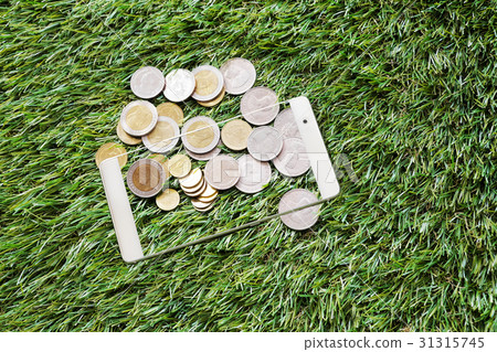 Mobile technology On grass and coins 31315745