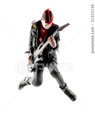 Teen with red mohawk jumping while playing guitar 31323116