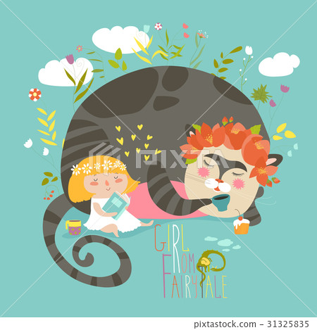 Cute girl reading book for magic cat Cute girl reading book for magic cat 31325835