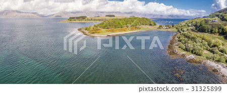 Aerial of secret beach by Portnacroish, Argyll 31325899