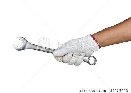 a hand with protection glove holding spanner a hand with protection glove holding spanner 31325920