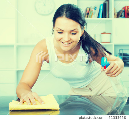 Woman wipes furniture from dust 31333638