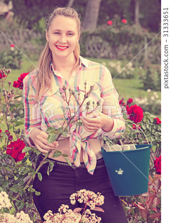 young woman holding a basket and standing in the park of roses 31333651