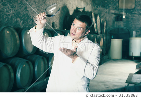 Positive taster posing with glass of wine Positive taster posing with glass of wine 31335868