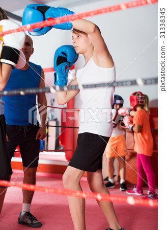 Children training on boxing ring 31338345