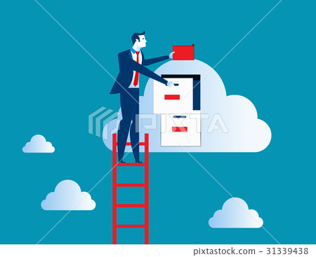 Businessman on top of ladder putting file in cloud Businessman on top of ladder putting file in cloud 31339438
