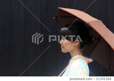 夏天圖像站立在遮陽傘的yukata的一位小姐 31345268