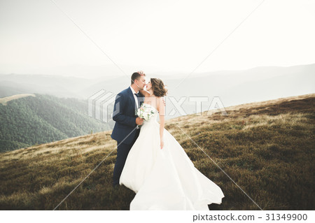 Beautiful wedding couple posing on top of a 31349900