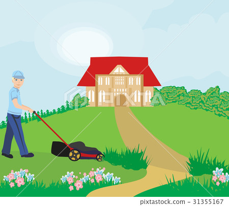 Man mowing the lawn Man mowing the lawn 31355167