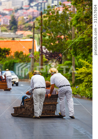 Toboggan riders on sledge in Madeira Portugal 31357604