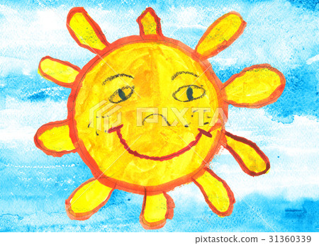 Child's drawing of a funny sun over blue sky 31360339
