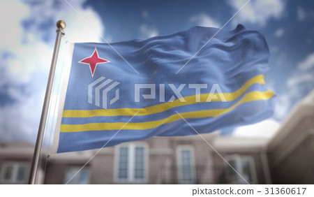 Aruba Flag 3D Rendering on Blue Sky Building Aruba Flag 3D Rendering on Blue Sky Building 31360617