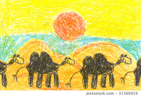 Art painting with camelcade in lifeless desert Art painting with camelcade in lifeless desert 31360919