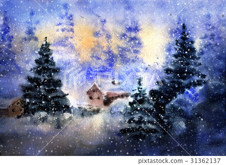 Aquarelle drawing of winter country landscape Aquarelle drawing of winter country landscape 31362137