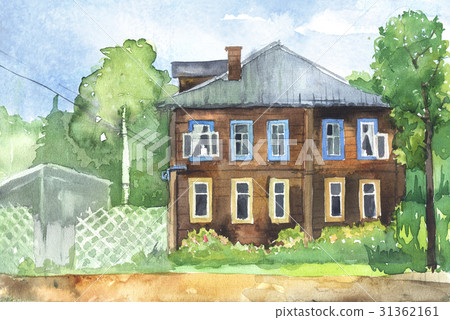 Watercolored illustration of a wooden house 31362161