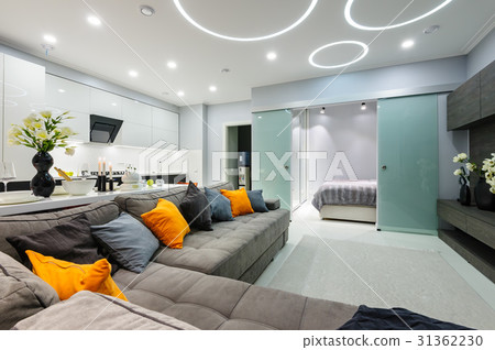 Modern white living studio with bedroom doors open 31362230