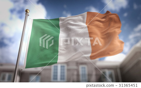 Ireland Flag 3D Rendering on Blue Sky Building  31365451