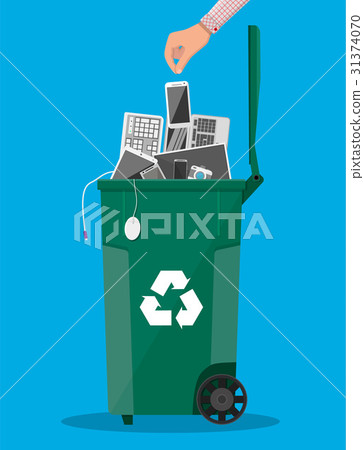 E-waste recycle bin with old electronic equipment E-waste recycle bin with old electronic equipment 31374070