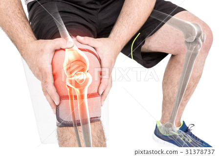 Man holding sore knee against white background Man holding sore knee against white background 31378737