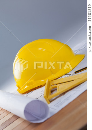 Architectural plan with tools and hard hat 31381819
