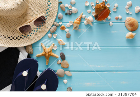 Vacation background on blue wood, top view with Vacation background on blue wood, top view with 31387704
