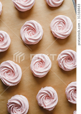 Strawberry marshmallows on a baking sheet Strawberry marshmallows on a baking sheet 31388683
