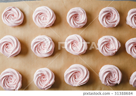 Strawberry marshmallows on a baking sheet Strawberry marshmallows on a baking sheet 31388684