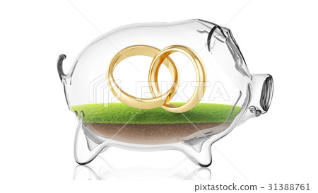 Wedding rings inside transparent piggy bank. 3d 31388761