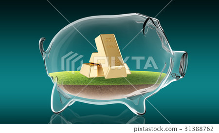 Golden bars inside transparent piggy bank. 3d Golden bars inside transparent piggy bank. 3d 31388762