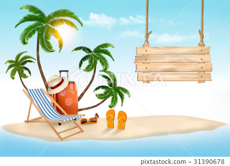 Beach with palm trees and wooden sign. Beach with palm trees and wooden sign. 31390678