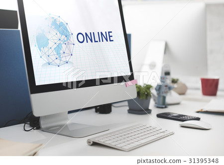 Network connection graphic overlay on computer 31395348
