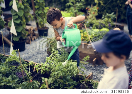 Children are in the garden watering the plants 31398526