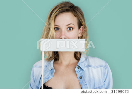 Caucasian Woman Holding Flag Covering Mouth 31399073