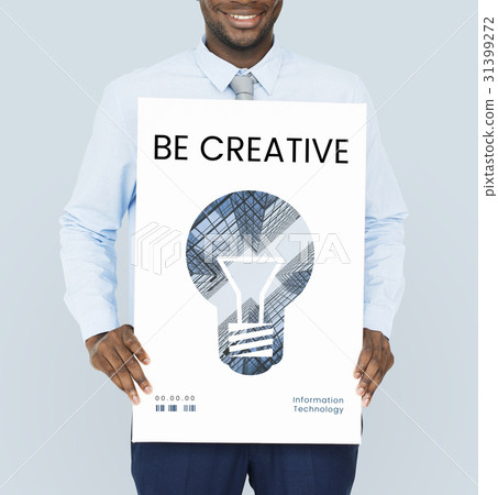 Man holding banner of creative ideas digital technology light bulb 31399272