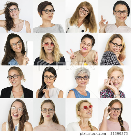 People Set of Diversity Women Wearing Eyeglasses Studio Collage 31399273