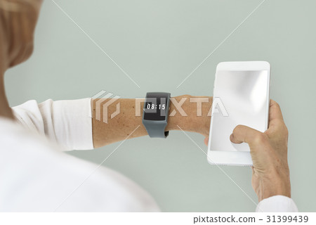 Blonde Woman Using Phone Smartwatch Gadget Studio 31399439