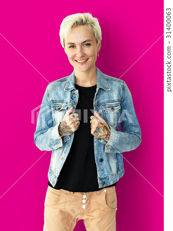 Cuacasian Blonde Woman with Jeans Jacket 31400063