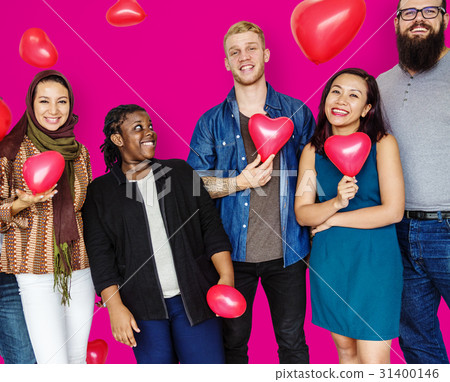Group of Diverse People Holding Heart Balloons Cheerfully Group of Diverse People Holding Heart Balloons Cheerfully 31400146