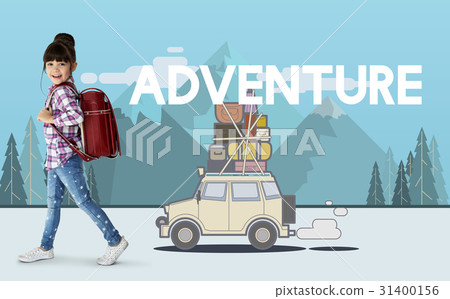 Little girl with illustration of discovery journey road trip traveling Little girl with illustration of discovery journey road trip traveling 31400156