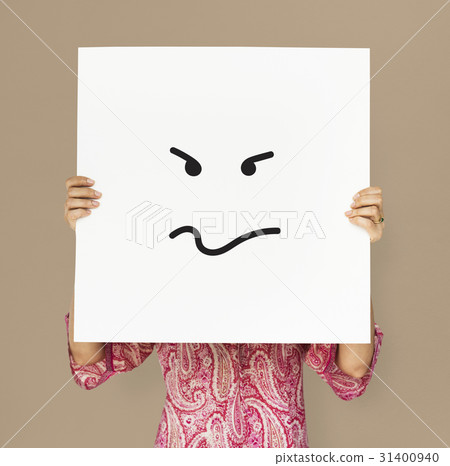 Adult woman holding placard studio portrait Adult woman holding placard studio portrait 31400940