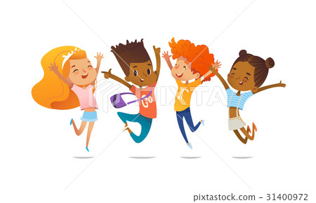Happy school multiracial children joyfully jumping - Stock Illustration ...